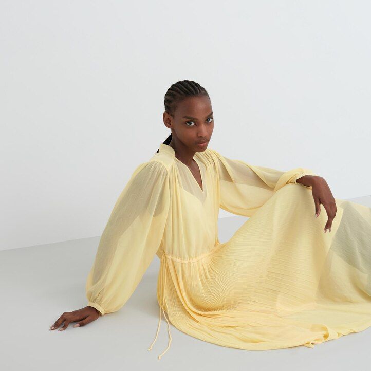 womens uniqlo chiffon pleated sleeved dress yellow