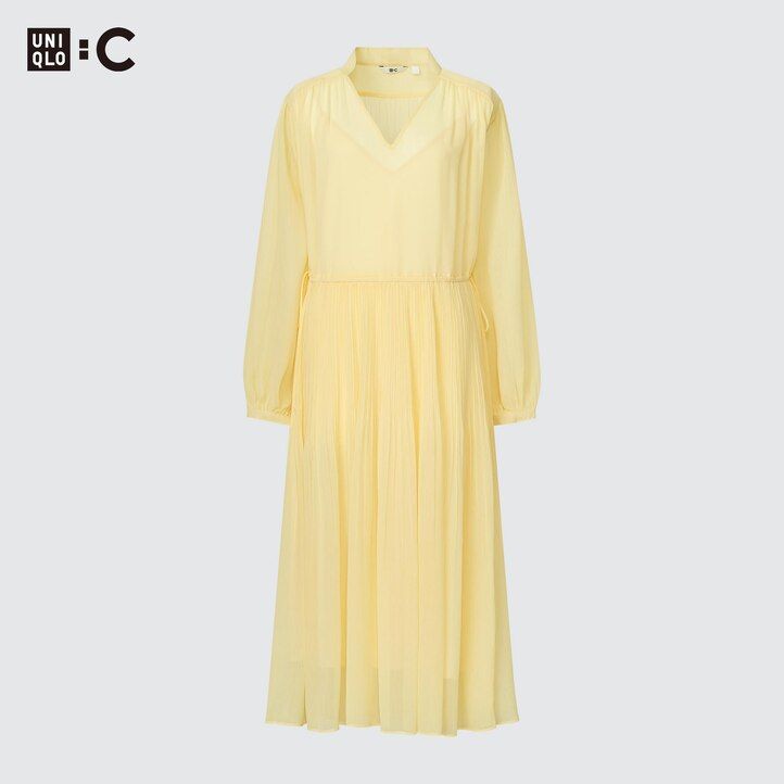womens uniqlo chiffon pleated sleeved dress yellow