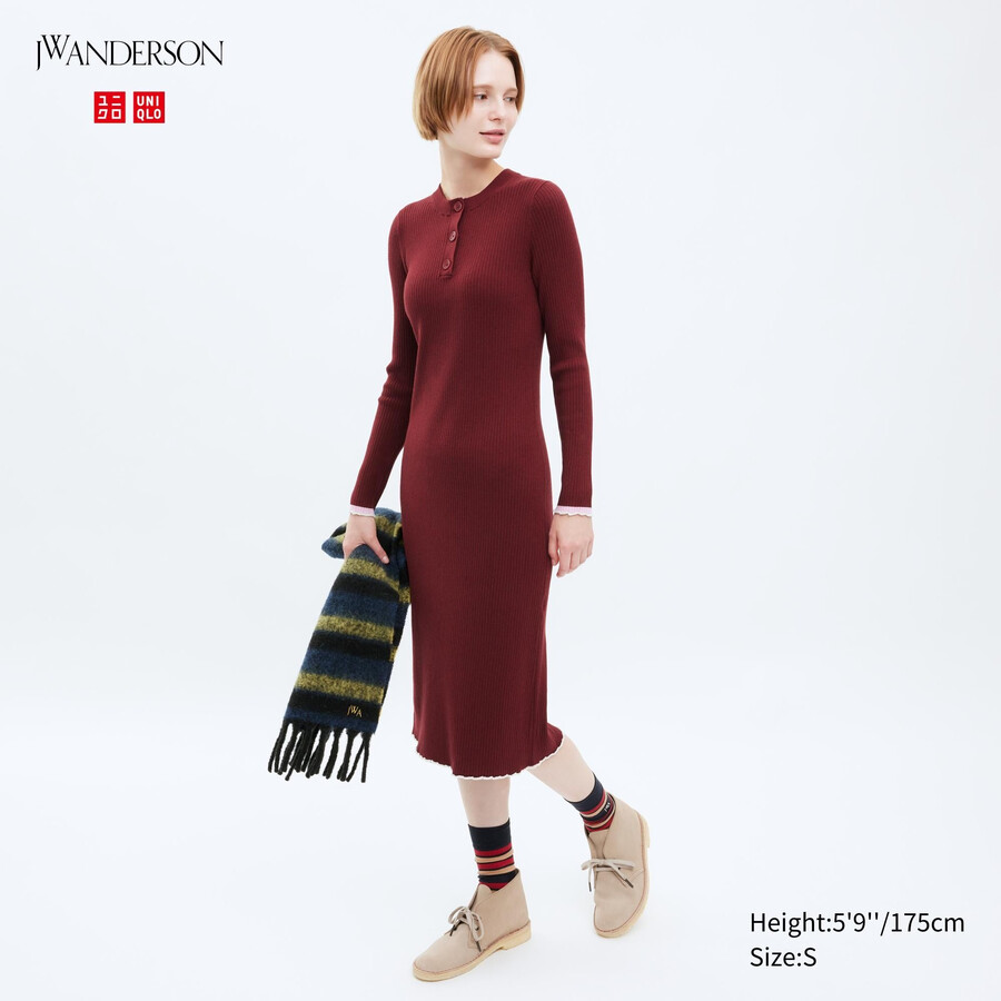 uniqlo ribbed knit sleeved womens dress red