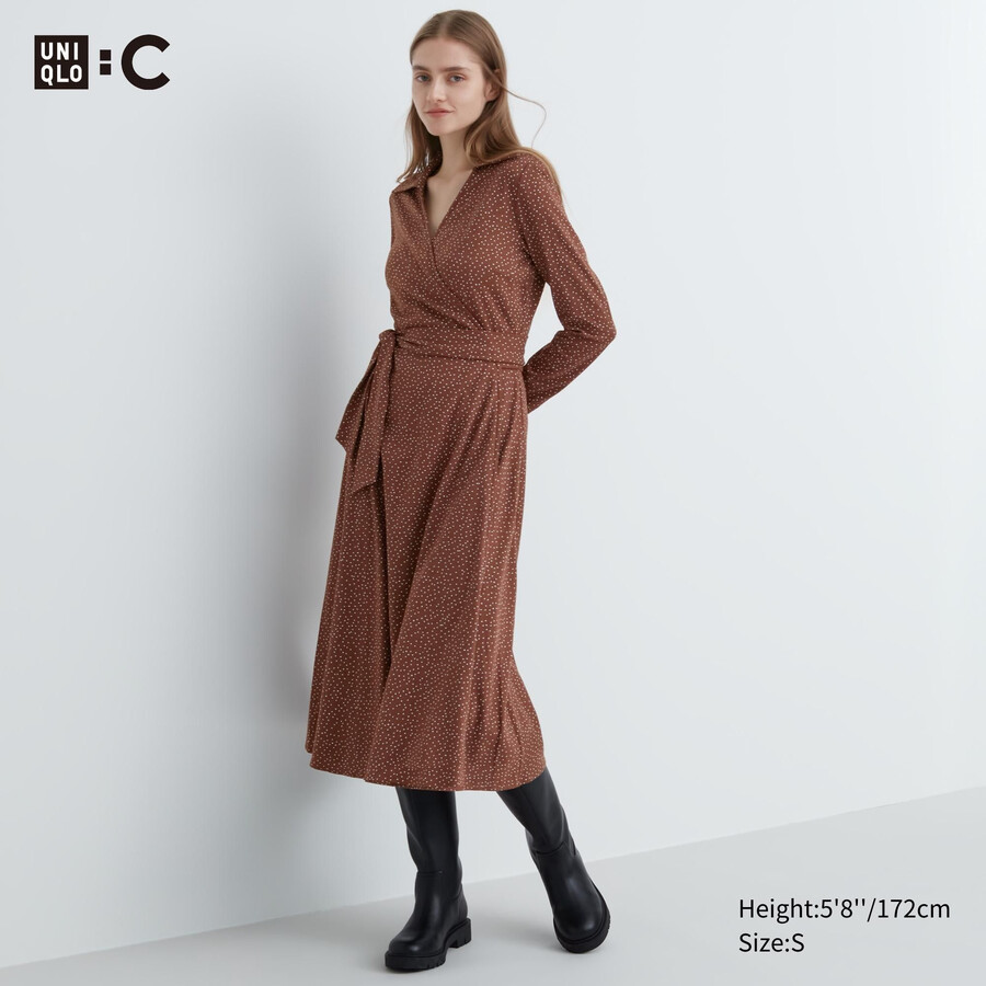 brown uniqlo printed sleeved wrap womens dress