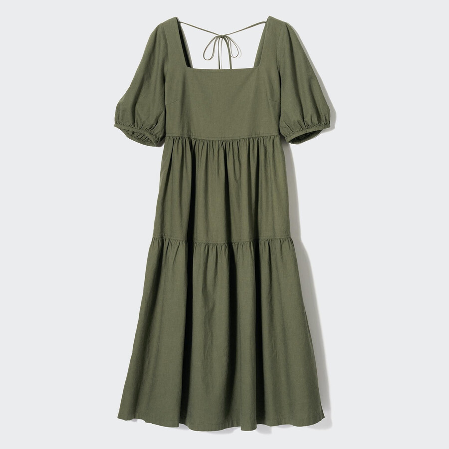 womens uniqlo linen blend shirring volume sleeved dress olive