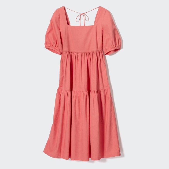 womens uniqlo linen blend shirring volume sleeved dress olive