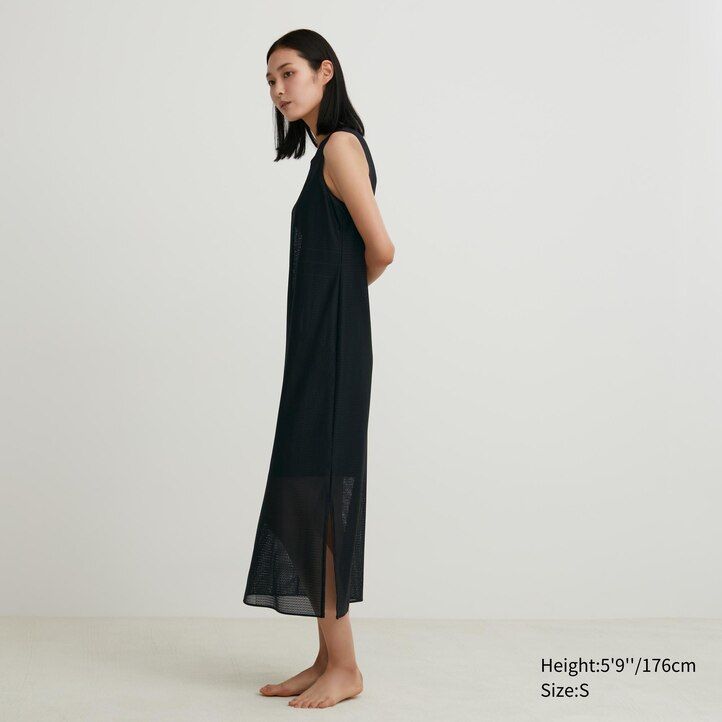 brown uniqlo mesh sleeveless maxi womens dress