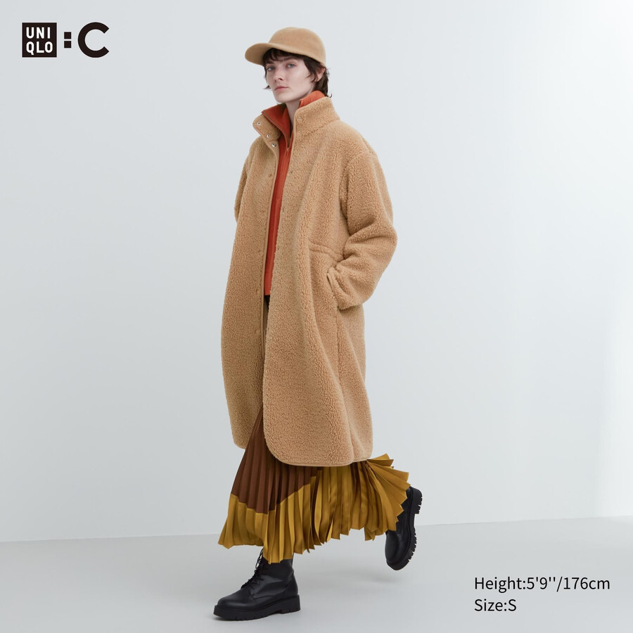 womens uniqlo pile lined fleece stand collar jackets beige