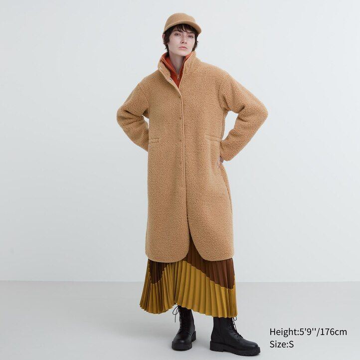 womens uniqlo pile lined fleece stand collar jackets beige