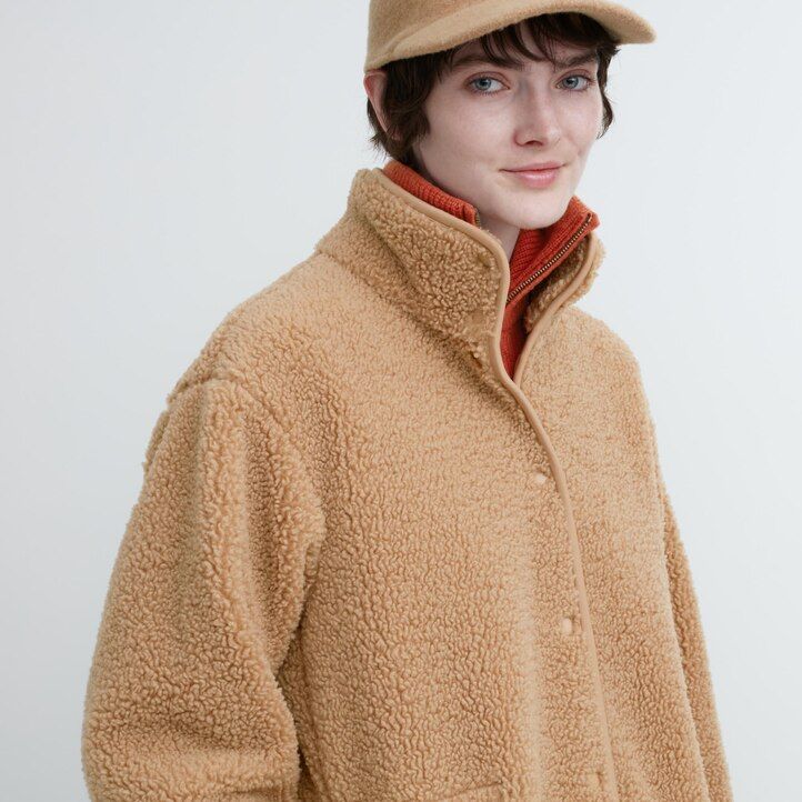 womens uniqlo pile lined fleece stand collar jackets beige