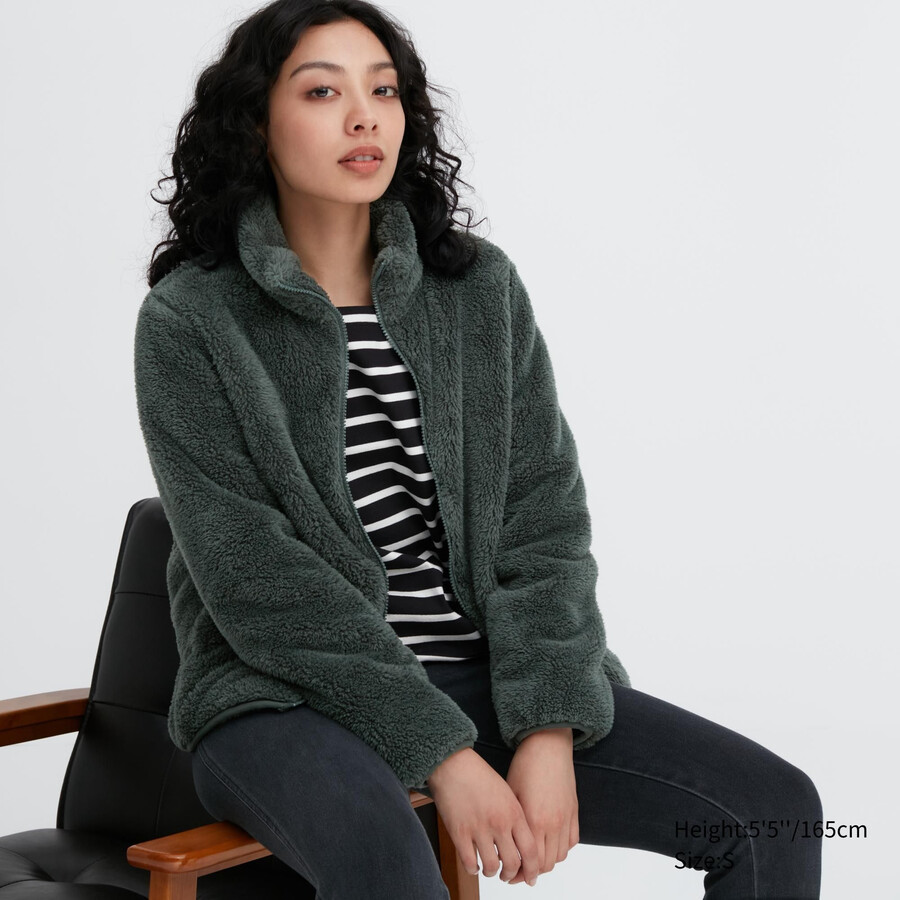 womens uniqlo fluffy fleece zipped jackets dark green