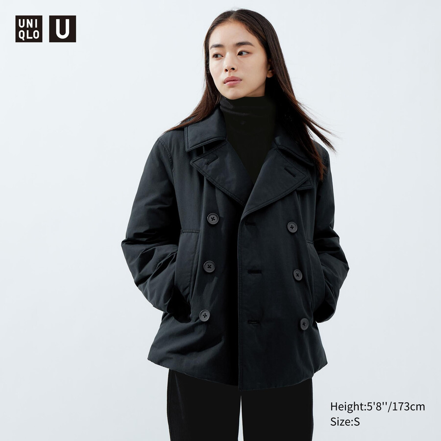 black womens uniqlo short padded pea jackets