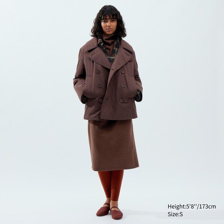 black womens uniqlo short padded pea jackets