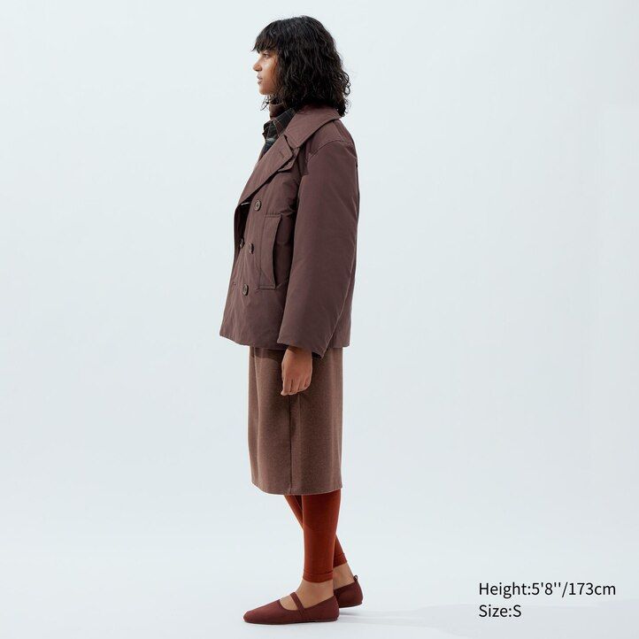 black womens uniqlo short padded pea jackets