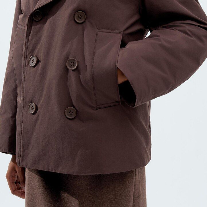 black womens uniqlo short padded pea jackets