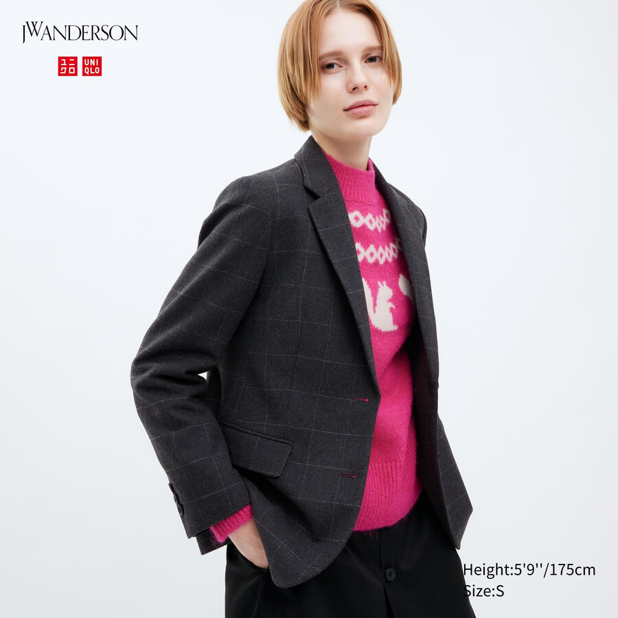 womens uniqlo single breasted checked jackets dark grey