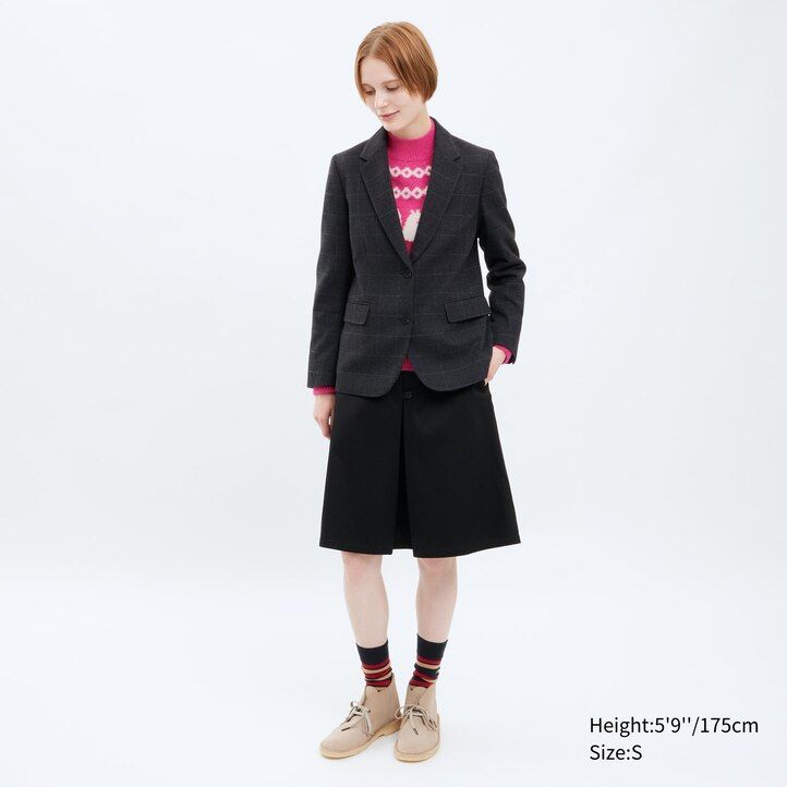 womens uniqlo single breasted checked jackets dark grey