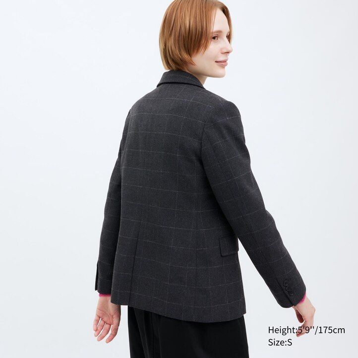 womens uniqlo single breasted checked jackets dark grey