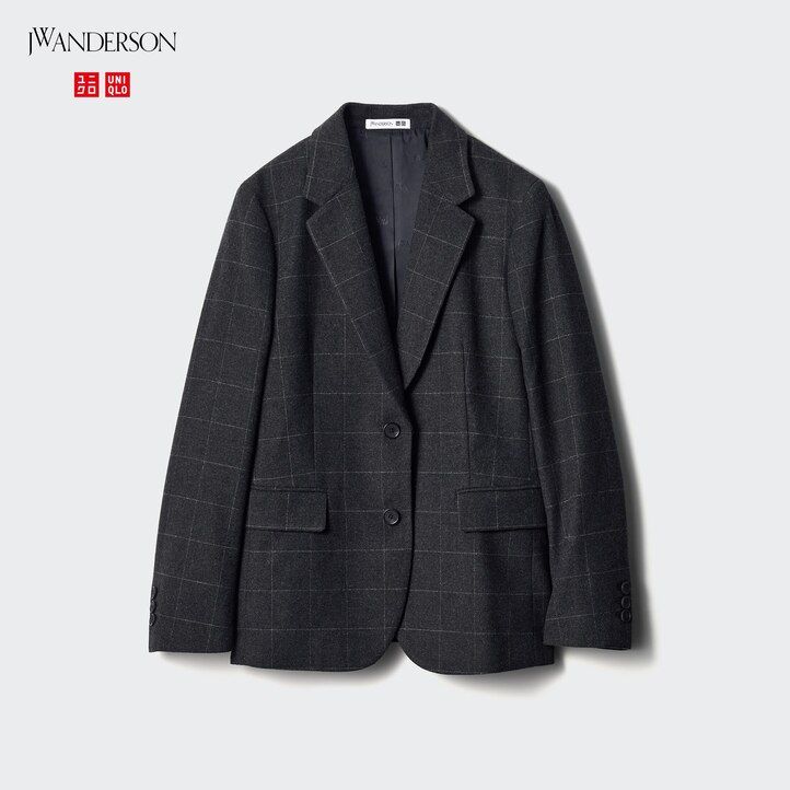 womens uniqlo single breasted checked jackets dark grey