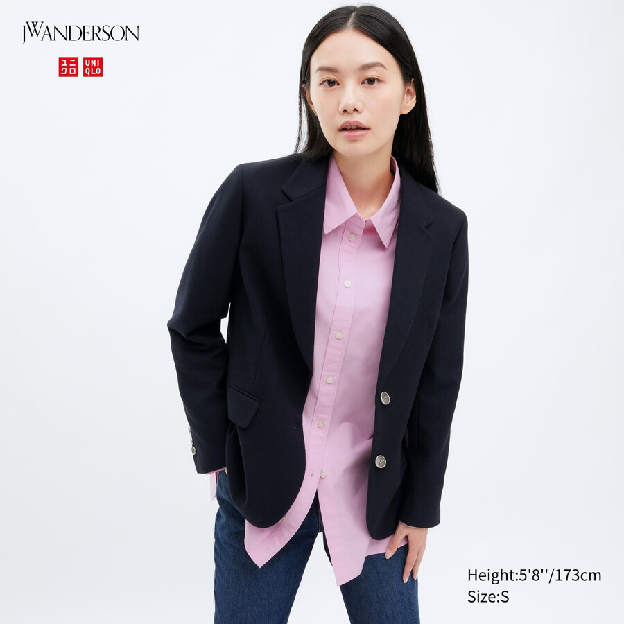 navy womens uniqlo single breasted jackets