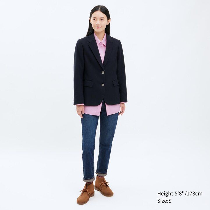 navy womens uniqlo single breasted jackets