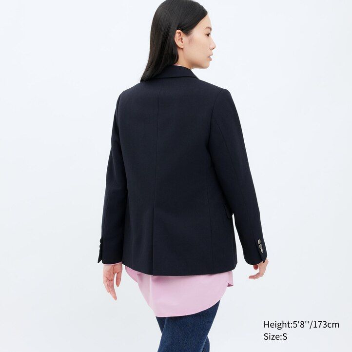 navy womens uniqlo single breasted jackets