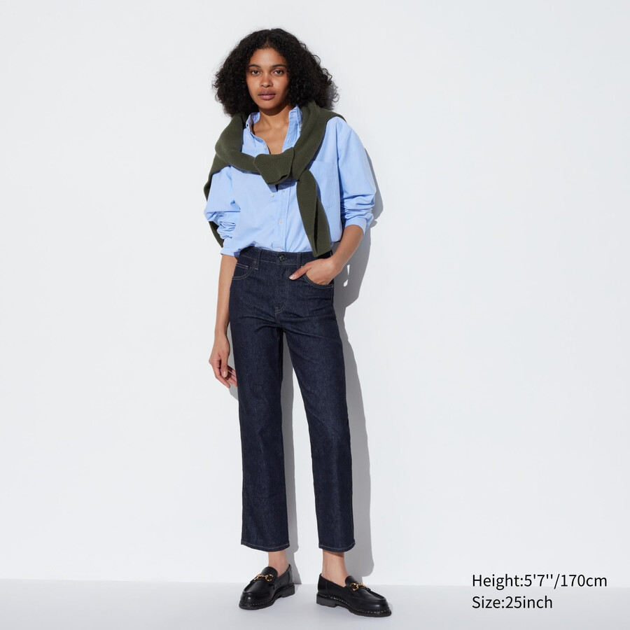 womens uniqlo slim fit straight leg ankle length jeans navy