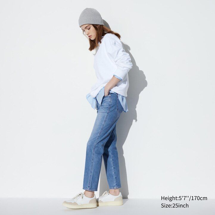womens uniqlo slim fit straight leg ankle length jeans navy
