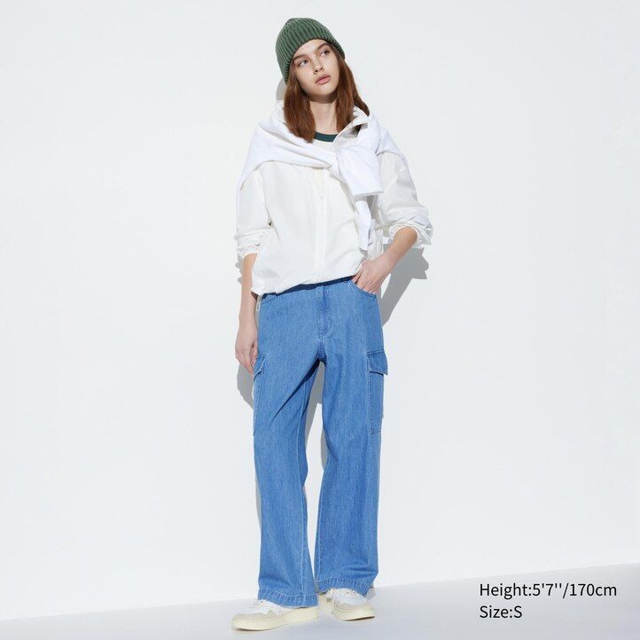 blue uniqlo denim wide straight legrgo womens jeans