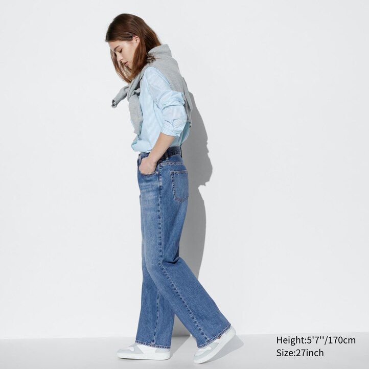womens uniqlo wide straight leg jeans grey