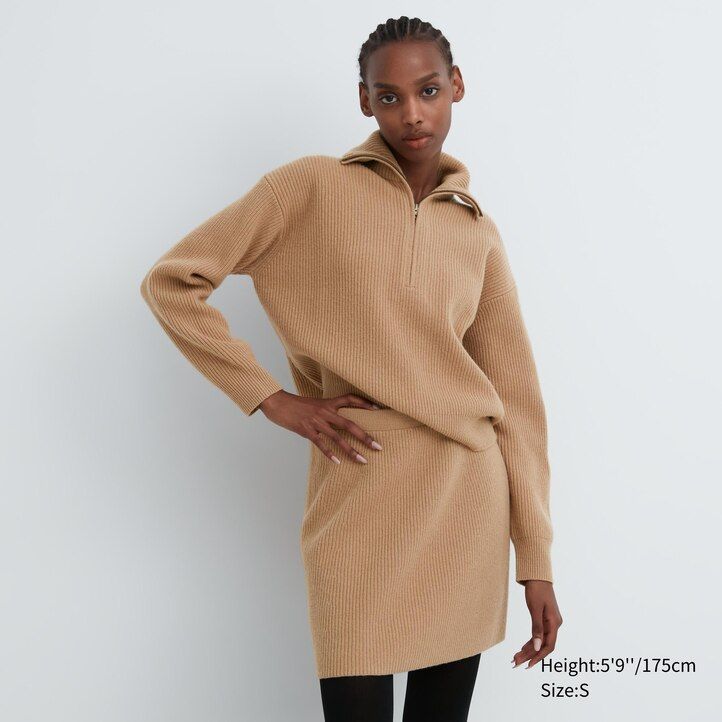beige womens uniqlo premium lambswool mini jumpers