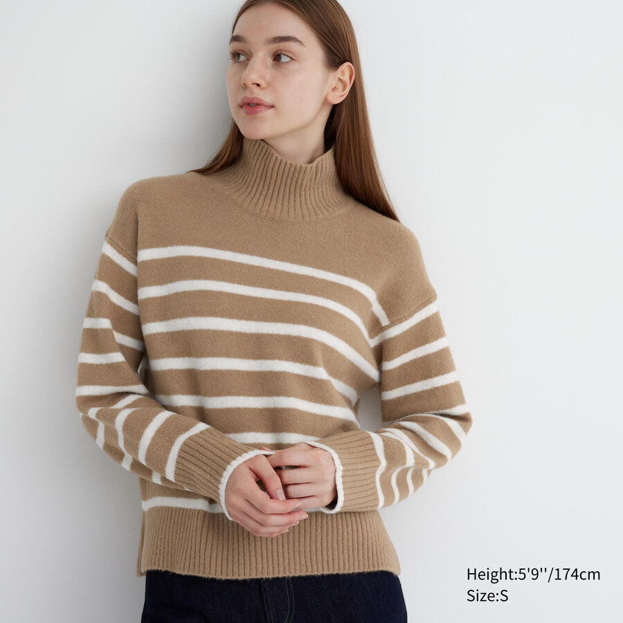 womens uniqlo souffle yarn striped high neck jumpers beige