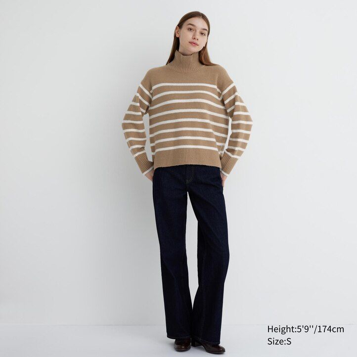 womens uniqlo souffle yarn striped high neck jumpers beige