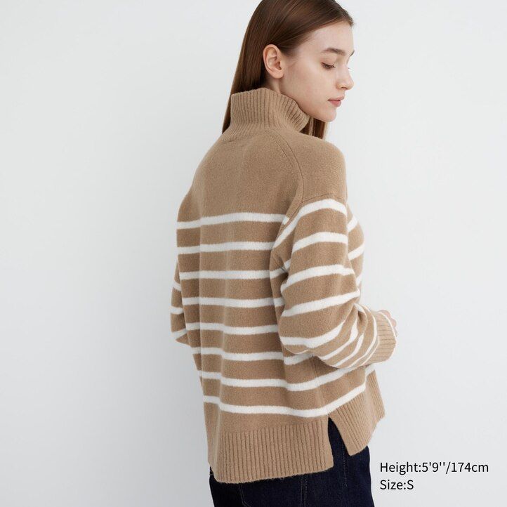 womens uniqlo souffle yarn striped high neck jumpers beige