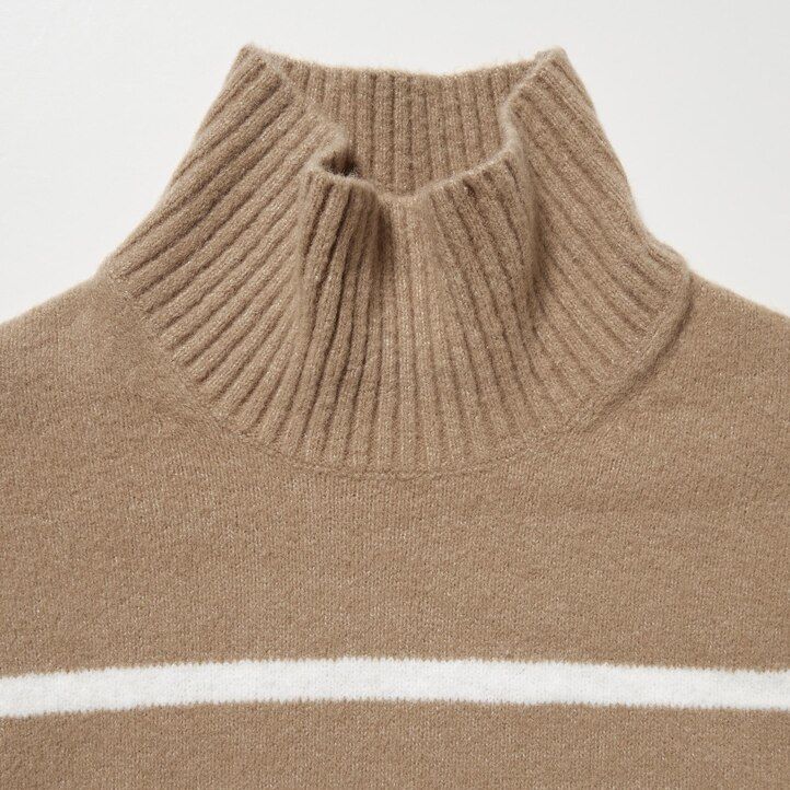 womens uniqlo souffle yarn striped high neck jumpers beige