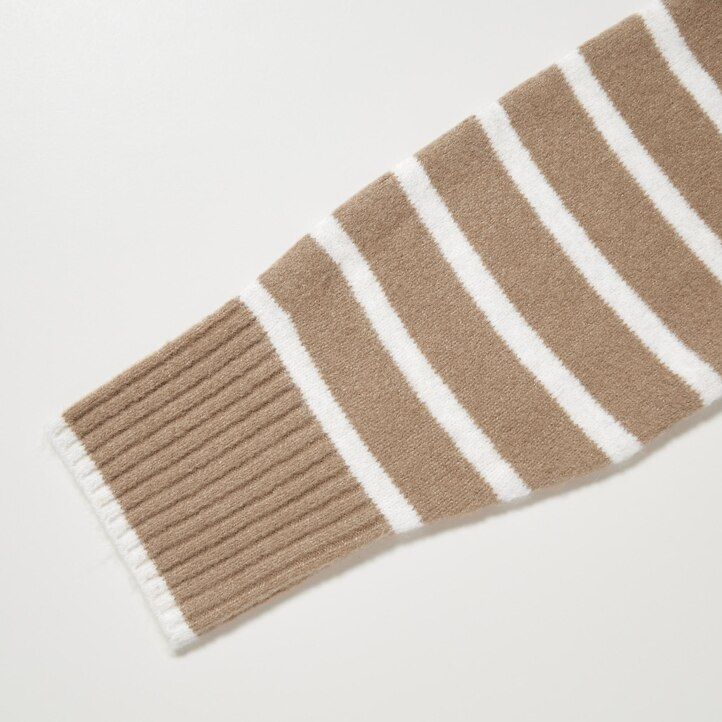 womens uniqlo souffle yarn striped high neck jumpers beige