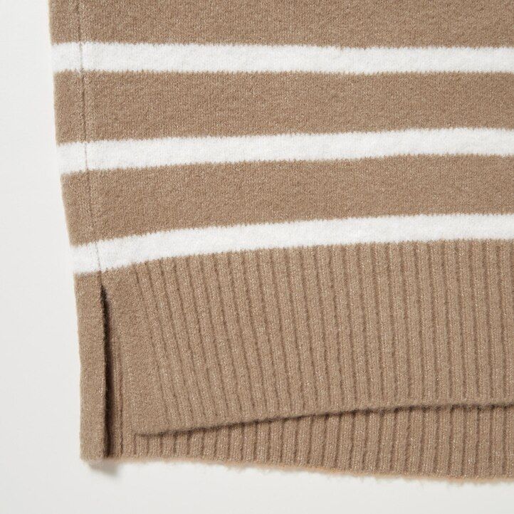 womens uniqlo souffle yarn striped high neck jumpers beige