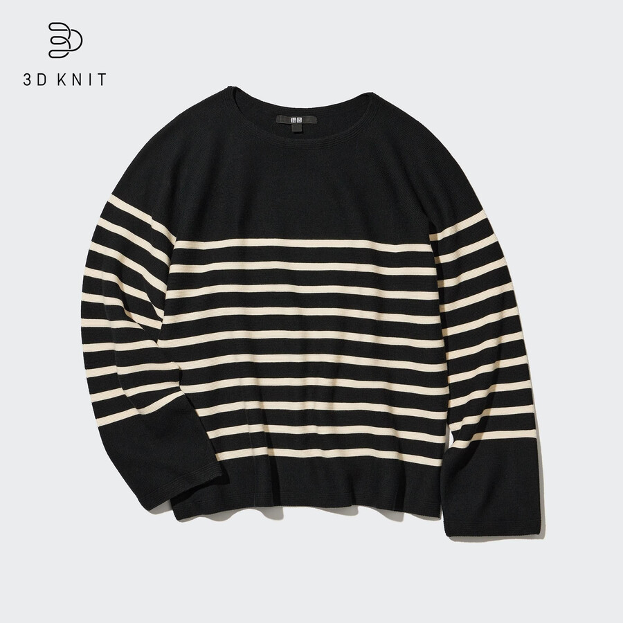 black uniqlo 3d knit seamless cotton striped crew neck womens jumpers