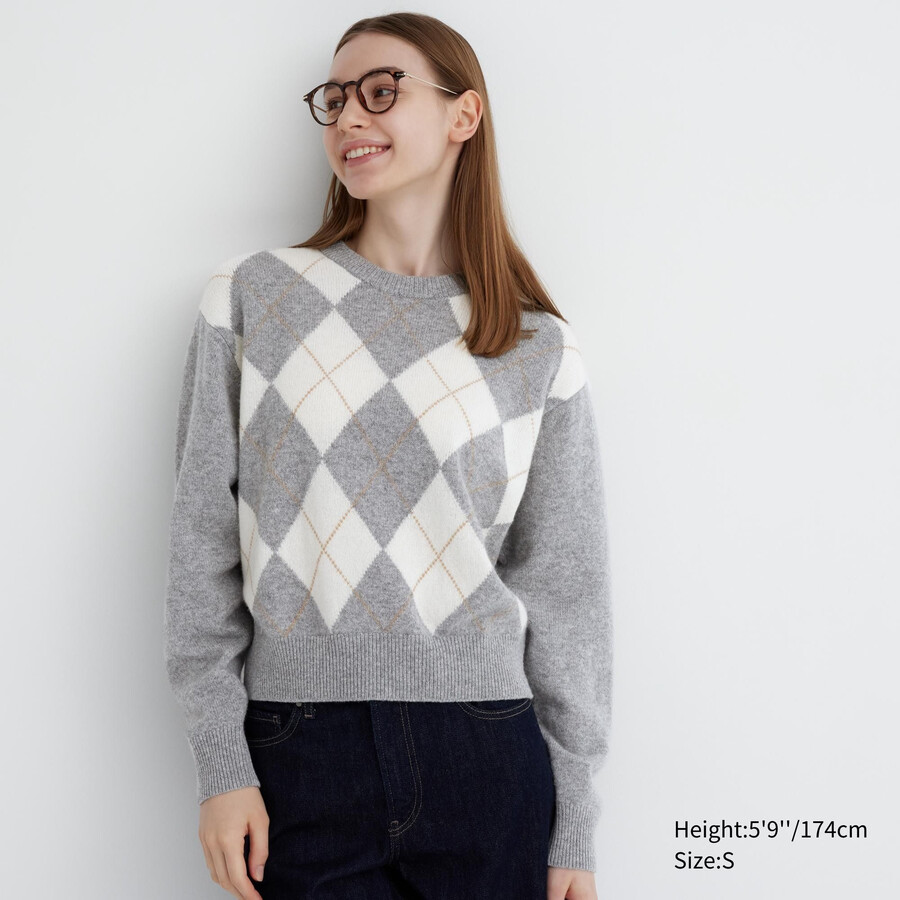 womens uniqlo premium lambswool argyle crew neck jumpers light grey