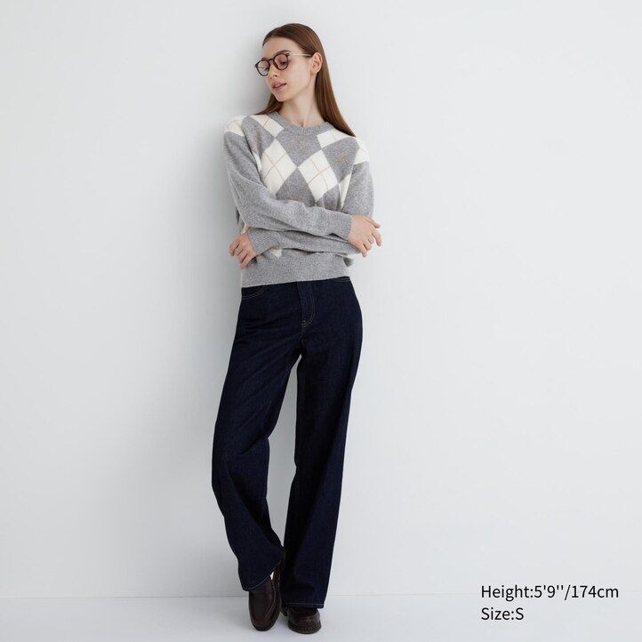 womens uniqlo premium lambswool argyle crew neck jumpers light grey