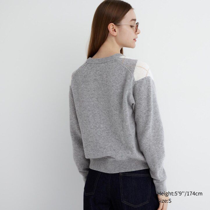 womens uniqlo premium lambswool argyle crew neck jumpers light grey