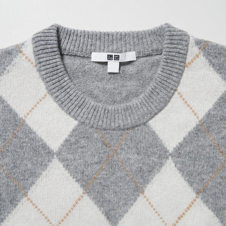 womens uniqlo premium lambswool argyle crew neck jumpers light grey