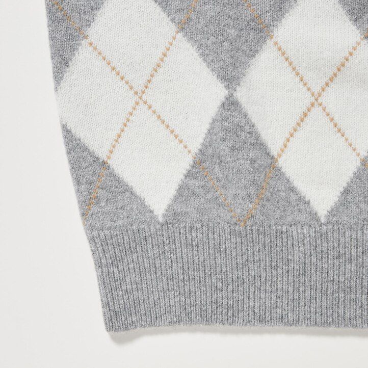 womens uniqlo premium lambswool argyle crew neck jumpers light grey