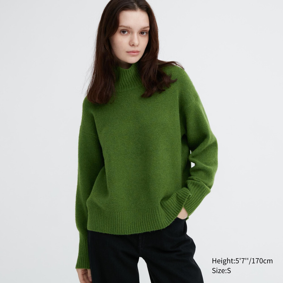 green womens uniqlo souffle yarn high neck jumpers