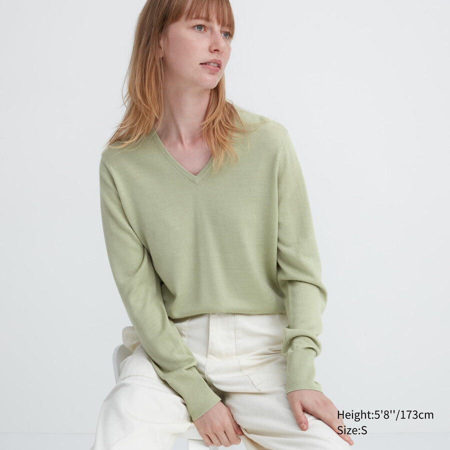 womens uniqlo 100pct extra fine merino v neck jumpers green