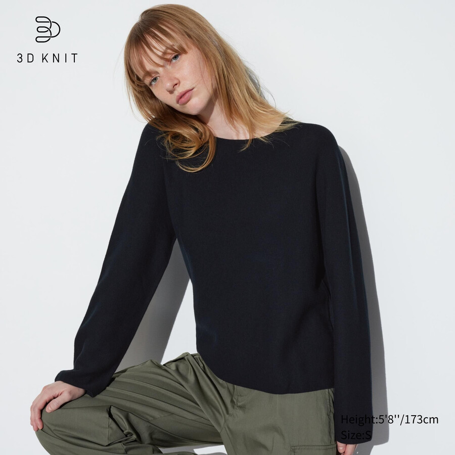 black uniqlo 3d knit seamless cotton crew neck womens jumpers