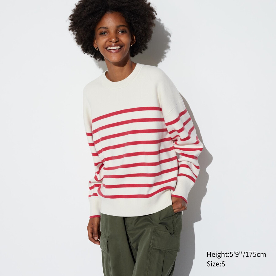 red uniqlo smooth cotton relaxed fit striped crew neck womens jumpers