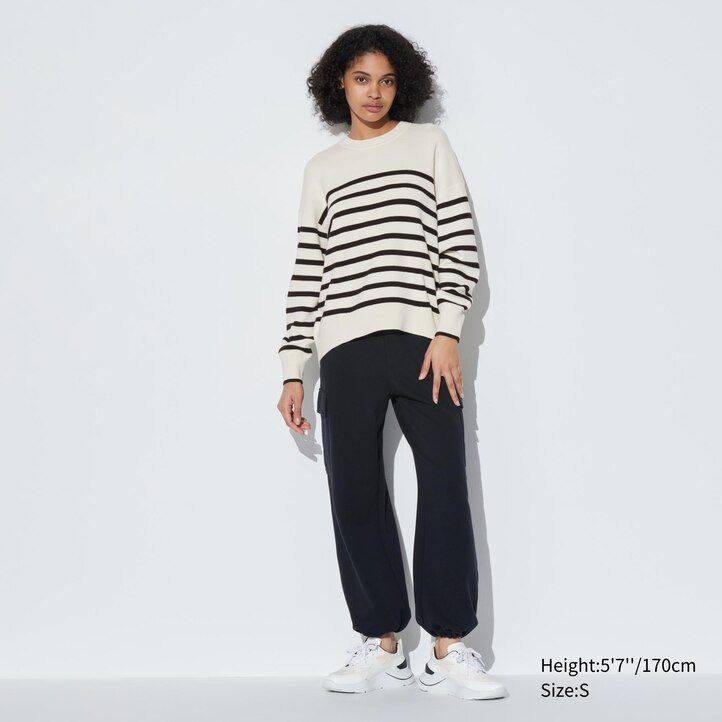 red uniqlo smooth cotton relaxed fit striped crew neck womens jumpers