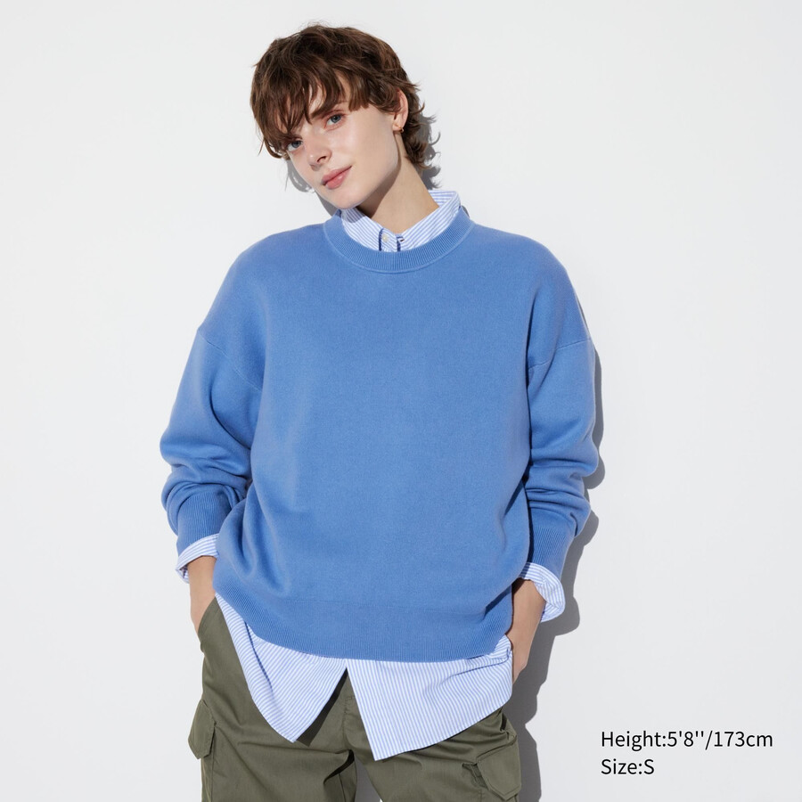 blue womens uniqlo smooth cotton relaxed fit crew neck jumpers