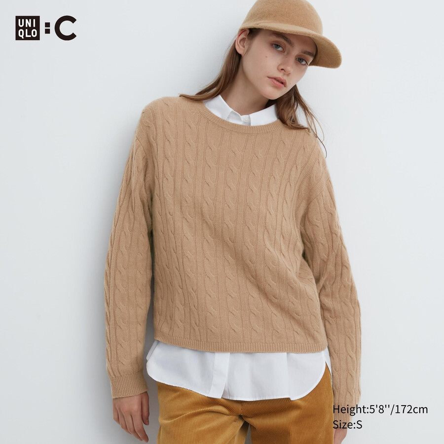 beige uniqlo 100pctshmereble knit crew neck cropped womens jumpers