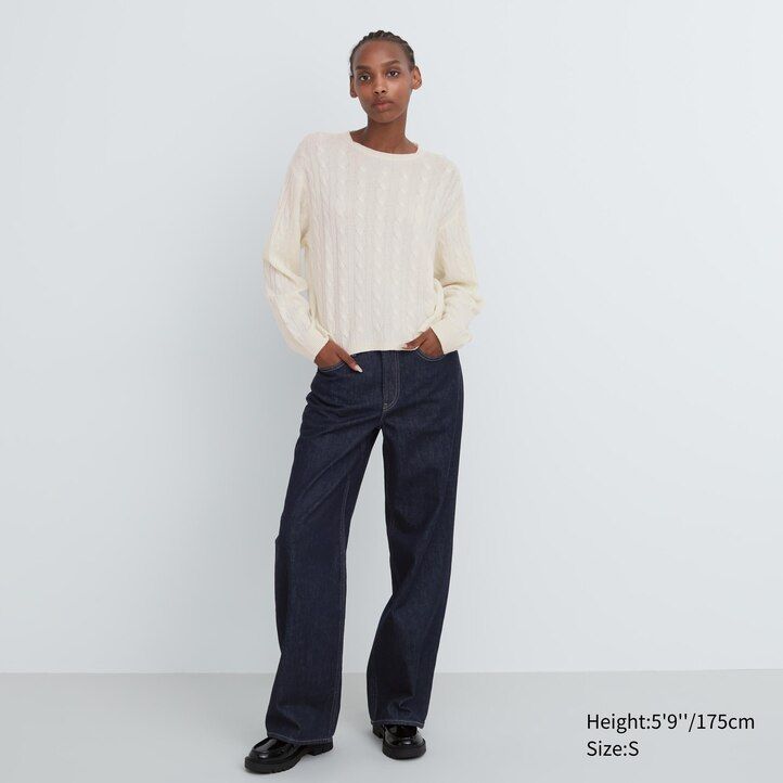 beige uniqlo 100pctshmereble knit crew neck cropped womens jumpers