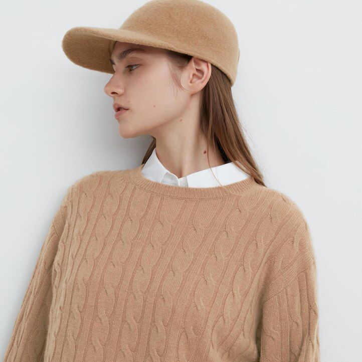 beige uniqlo 100pctshmereble knit crew neck cropped womens jumpers