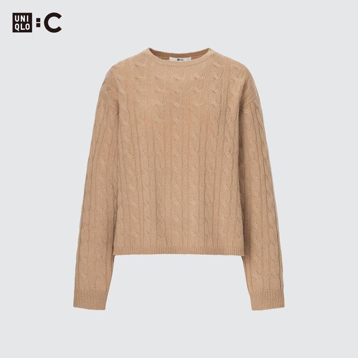 beige uniqlo 100pctshmereble knit crew neck cropped womens jumpers