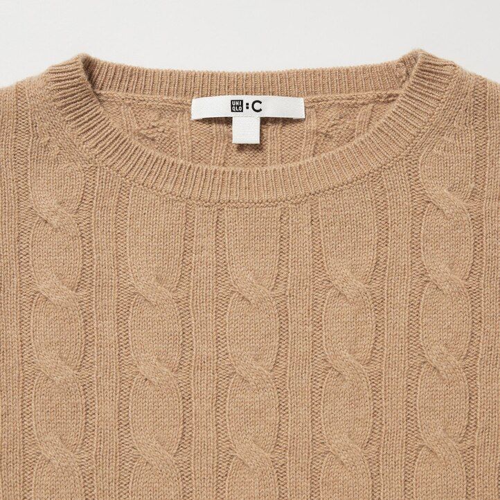 beige uniqlo 100pctshmereble knit crew neck cropped womens jumpers